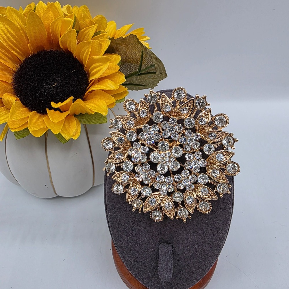 Sparkling Snowflake Brooch Rhinestone Crystal Gold Tone Round Pin Jewelry‎